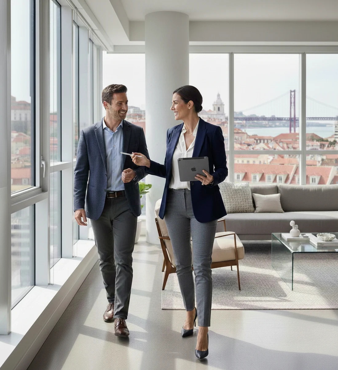 An estate agent and a client walking through an apartment in Lisbon, with the 25 de Abril bridge in the window.