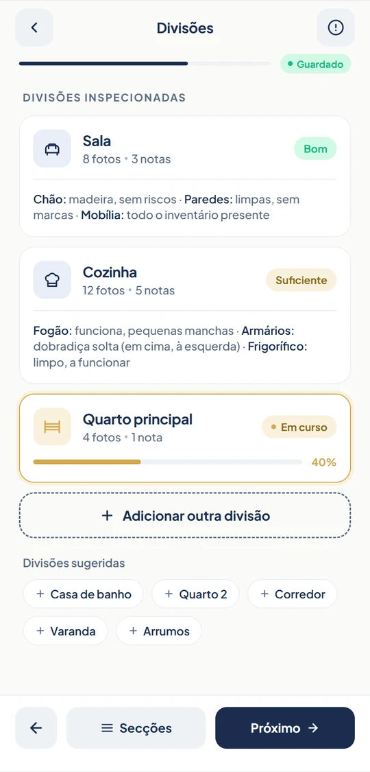 As divisões de uma vistoria, cada uma com a sua avaliação, fotos e notas.