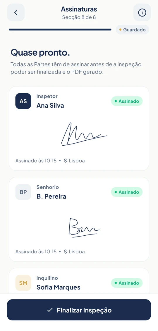 O ecrã de assinaturas: o vistoriador e o senhorio já assinaram.