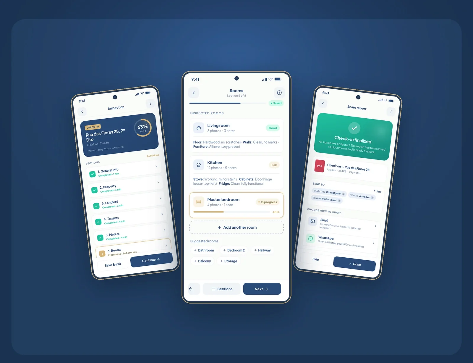 Three screens from the ImoInspect app: an inspection in progress, the rooms section, and a finalized check-in ready to share.